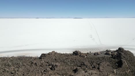 Aerial-view-of-cactus-island-Isla-Incahuasi-in-the-middle-of-Salar-de-Uyuni-salt-flat,-Bolivia