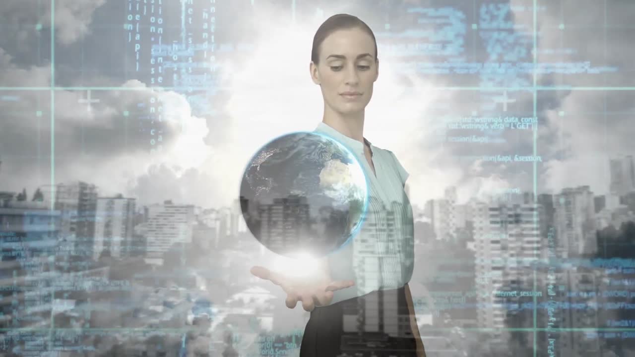 Animation of globe and data processing over woman's hand and cityscape