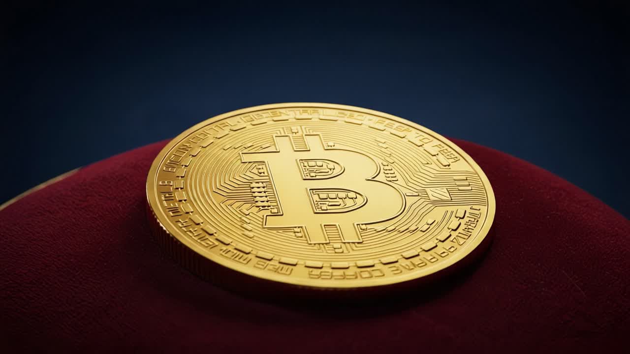 A Gleaming Bitcoin Coin Resting Elegantly on a Plush Surface, Symbolizing the Digital Currency Revolution and the Future of Finance