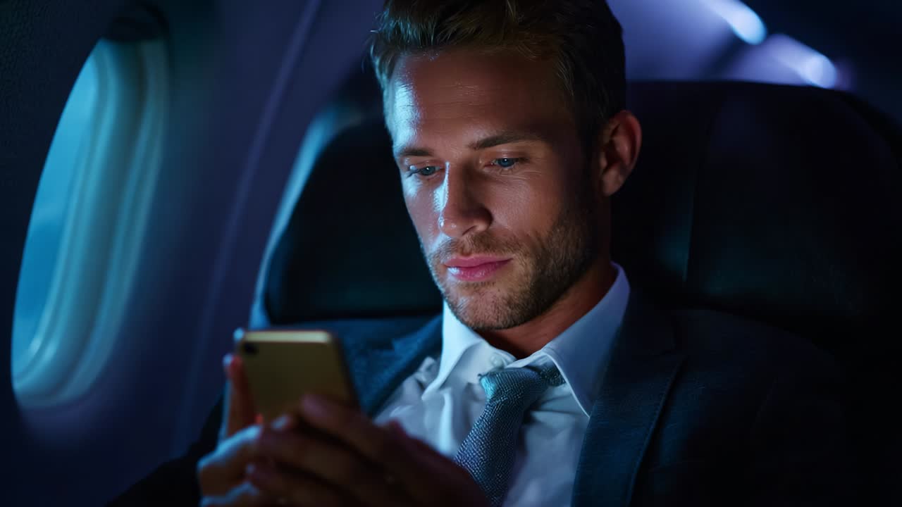 Businessman Engrossed in Smartphone in Airplane Cabin during Night Flight, Illuminated by Soft Cabin Lights, Showcasing Modern Travel Experience and Focused Connectivity in Today's Digital Age