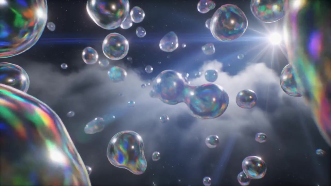 Abstract Iridescent Liquid Spheres Floating Against Cloudy Sky