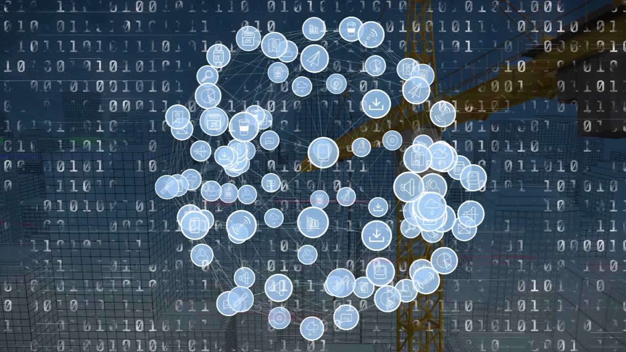 Animation of network of connections with icons and data processing over cityscape