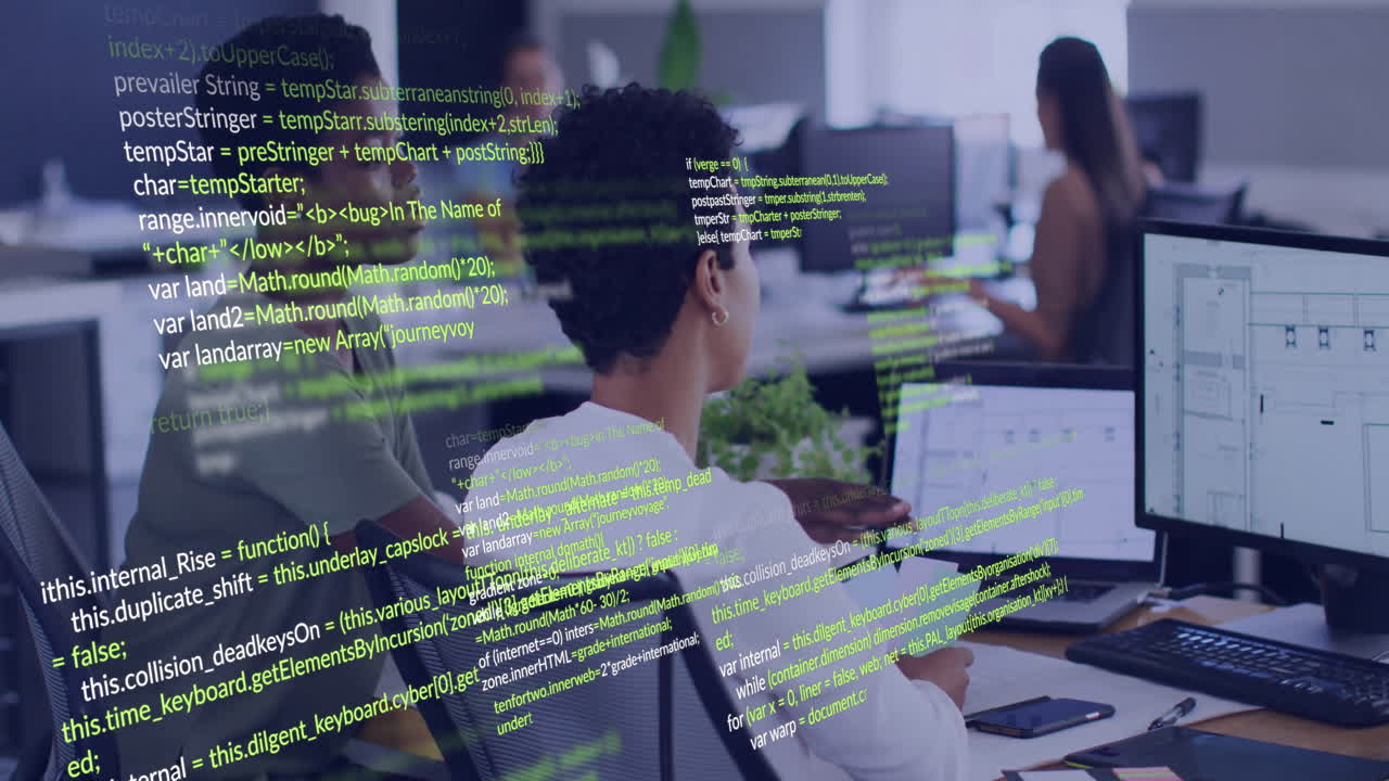 People working at office desks with green coding animation overlay