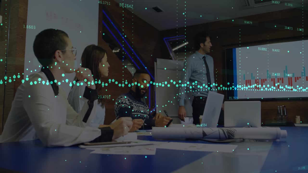 Animation of graphs with changing numbers, diverse manager explaining reports on screen in office