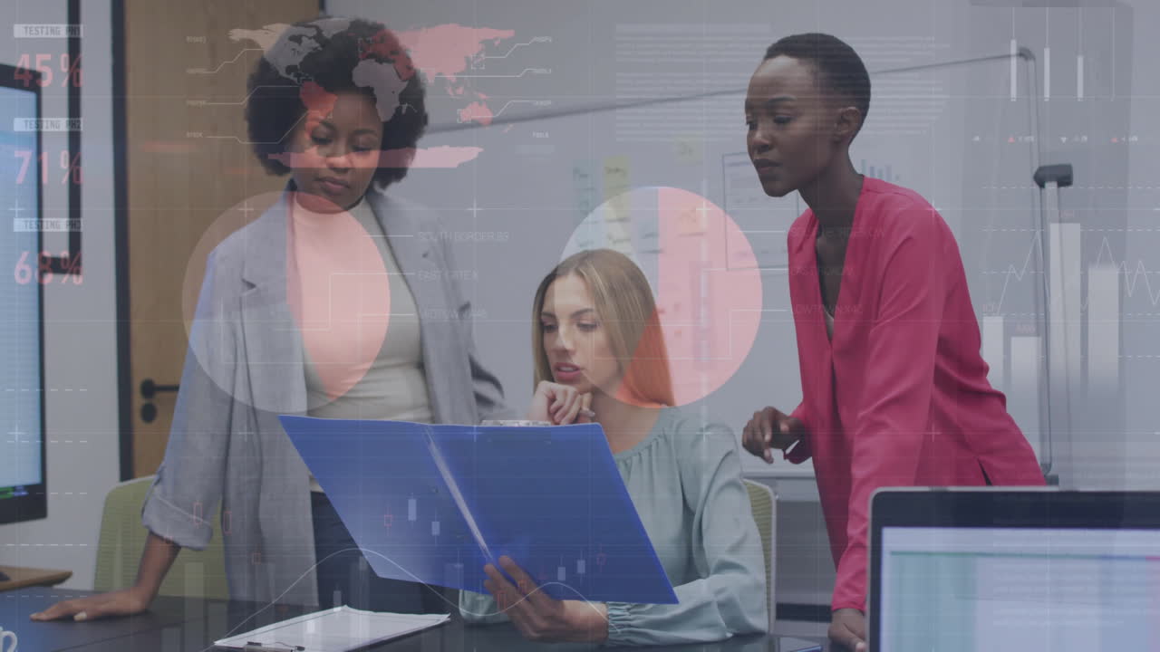 Animation of financial data processing over diverse business people in office