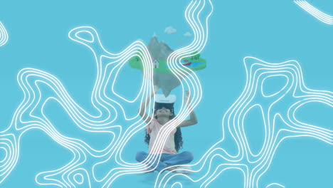 animación de líneas blancas sobre una chica que usa auriculares vr sobre un fondo azul