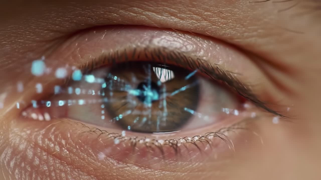 A detailed close-up perspective reveals a human eye combined with digital elements.