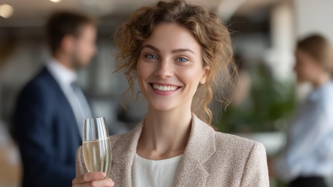 Una celebrazione gioiosa: una donna con un bicchiere di champagne in mano, con un abbigliamento elegante a un evento sociale, che irradia felicità ed eleganza in un ambiente contemporaneo