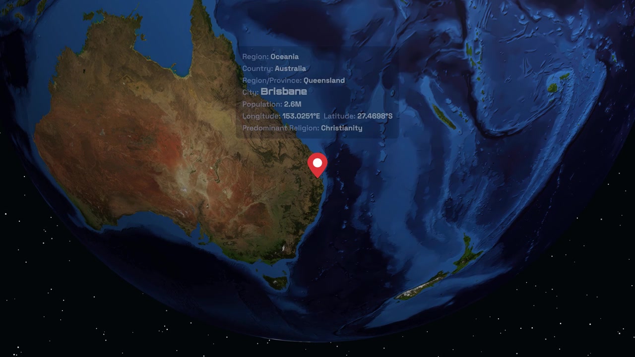 A 3D globe rotates through space before zooming into Brisbane, Australia with data overlays