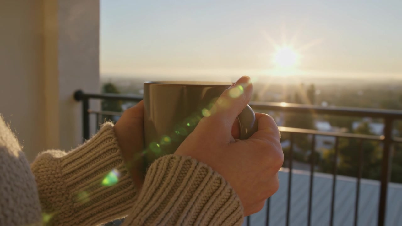 Reagindo ao sol nascente, mulher segurando uma caneca, de suéter canelado, na varanda, alinhando a borda com a luz do sol.