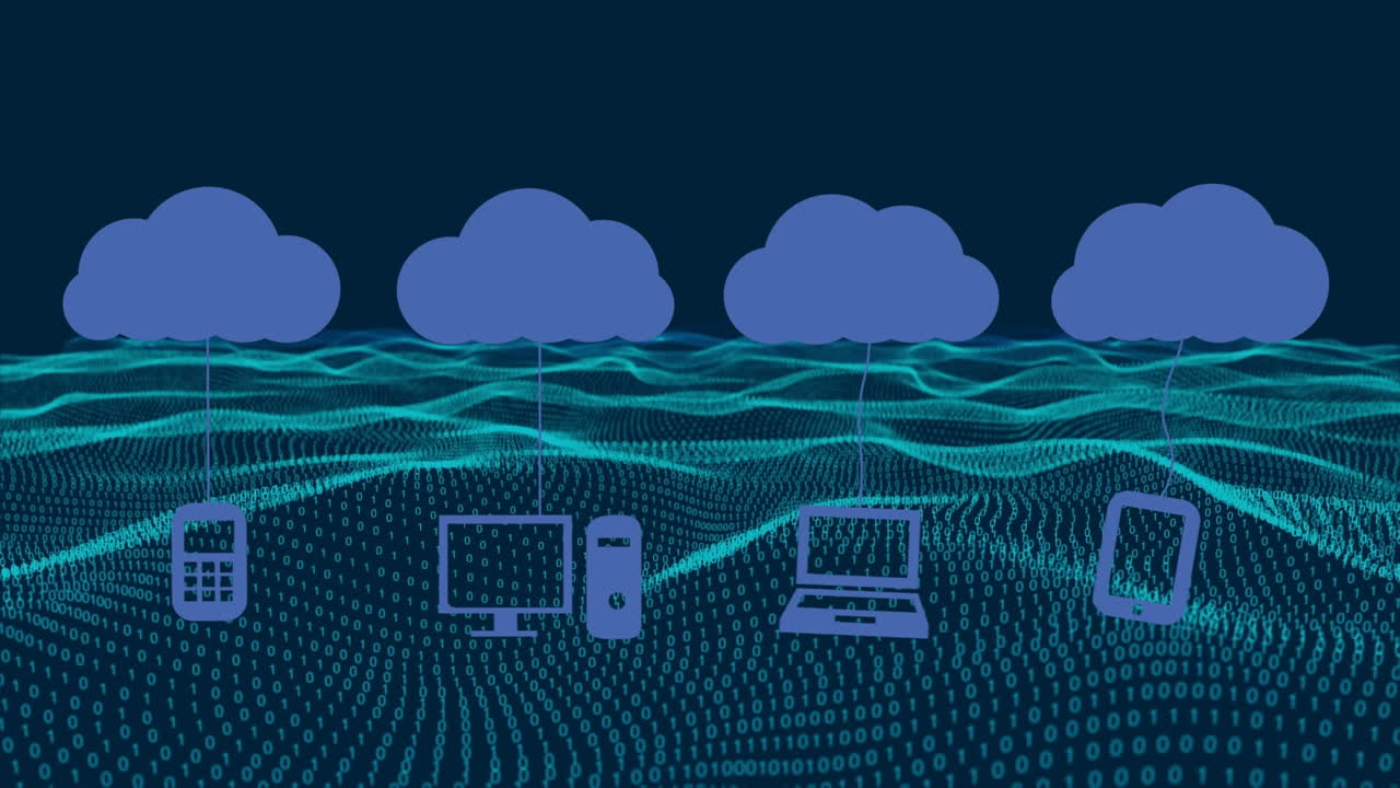 animación de iconos de nubes y ondas sobre fondo oscuro