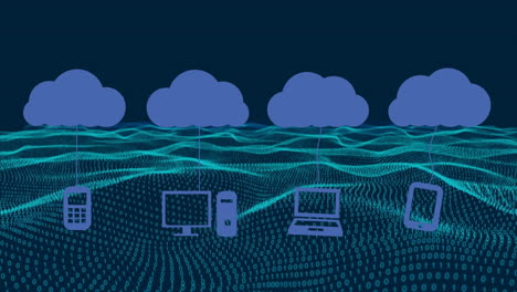 animation of cloud icons and wave over dark background