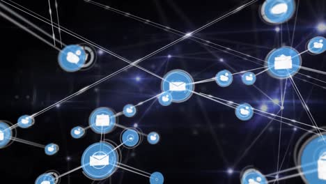 Animation of glowing network of connections and digital icons against black background