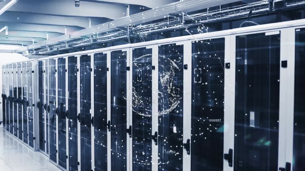 Animation of globe made of connections rotating over servers