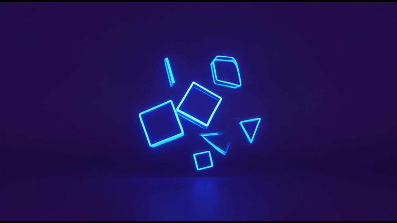 Floating Neon Geometric Shapes Rotating in Dark Space