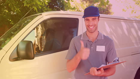 animación de un entregador caucásico sonriente tomando notas en el clipboard
