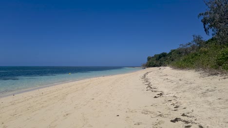 Lufttiefflug-über-Sandstrand-Auf-Grüner-Insel