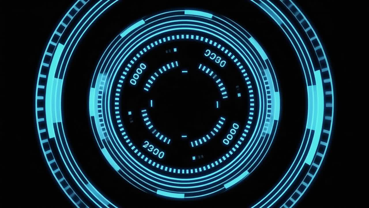 Futuristic Blue Digital HUD Interface with Rotating Elements on Black Background