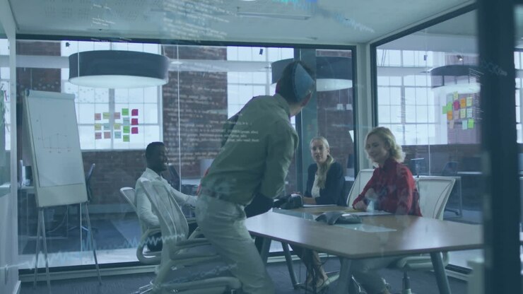 Animation of financial data processing over diverse business people in office
