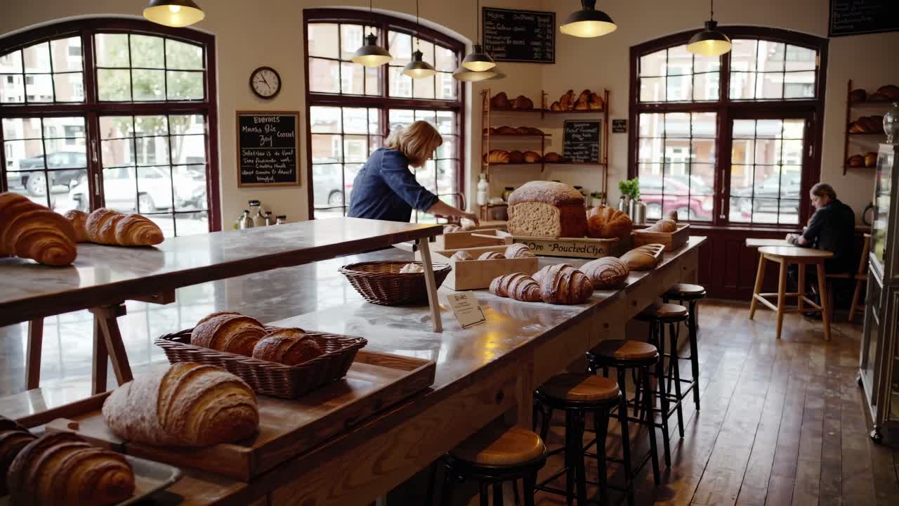 Un'accogliente scena di panetteria ripresa da un grandangolo, che mostra pane fresco e l'interazione con un cliente