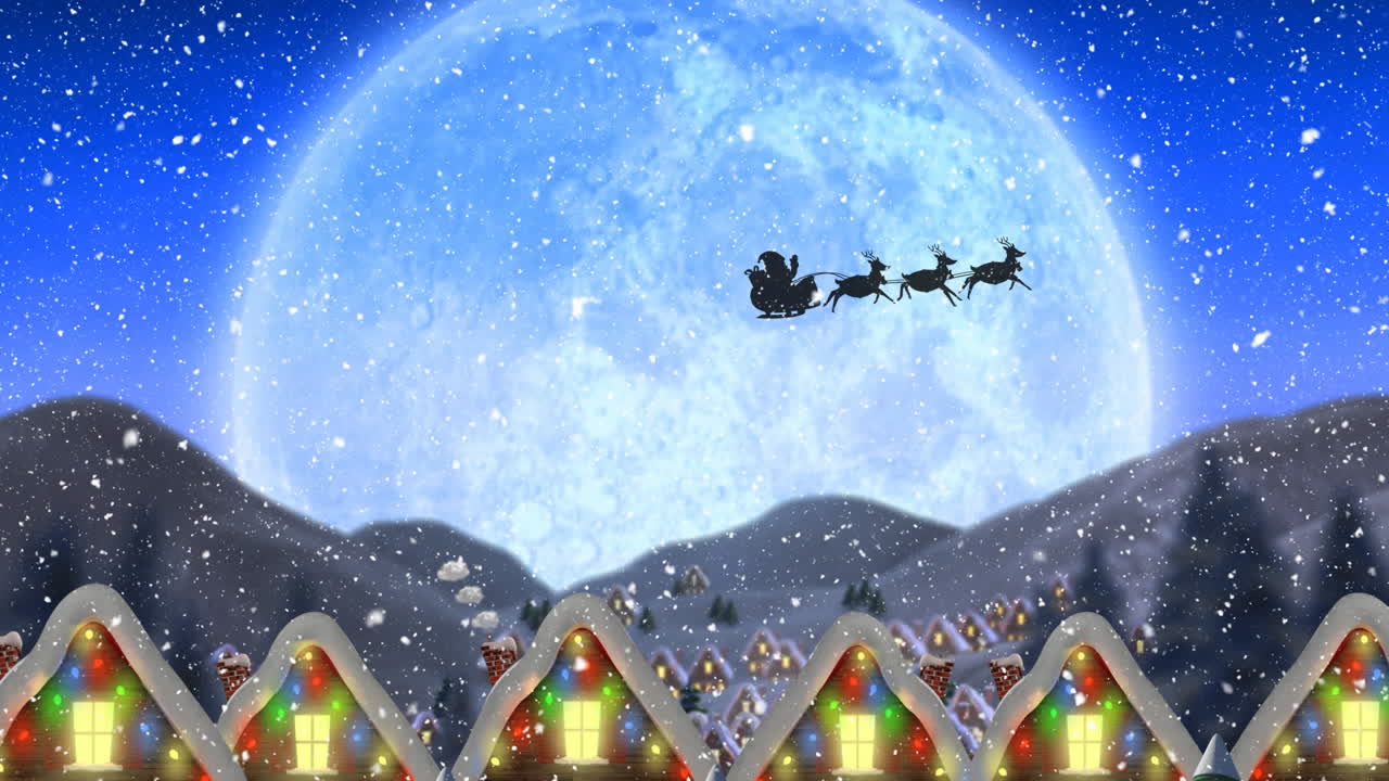 겨울 풍경과 산타클로스의 검은 실루 ⁇  위에 내리는 눈의 디지털 애니메이션