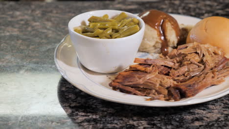 classic american diner dish of pot roast mashed potatoes green beans, slider slow motion hd