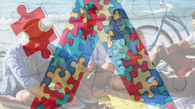 Animation of colourful puzzle pieces ribbon over happy friends at summer beach party