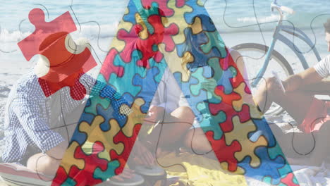 animation of colourful puzzle pieces ribbon over happy friends at summer beach party