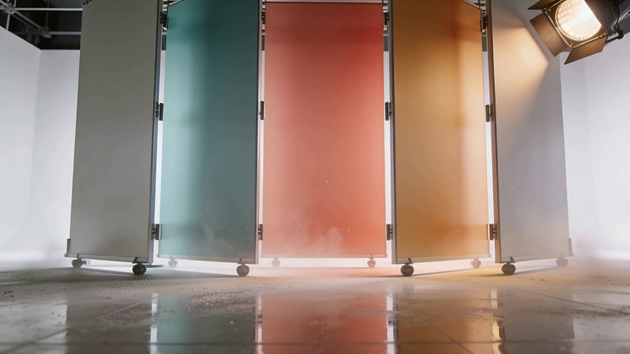 Rising fog near five hinged panels on wheels in studio, floor reflecting under right light