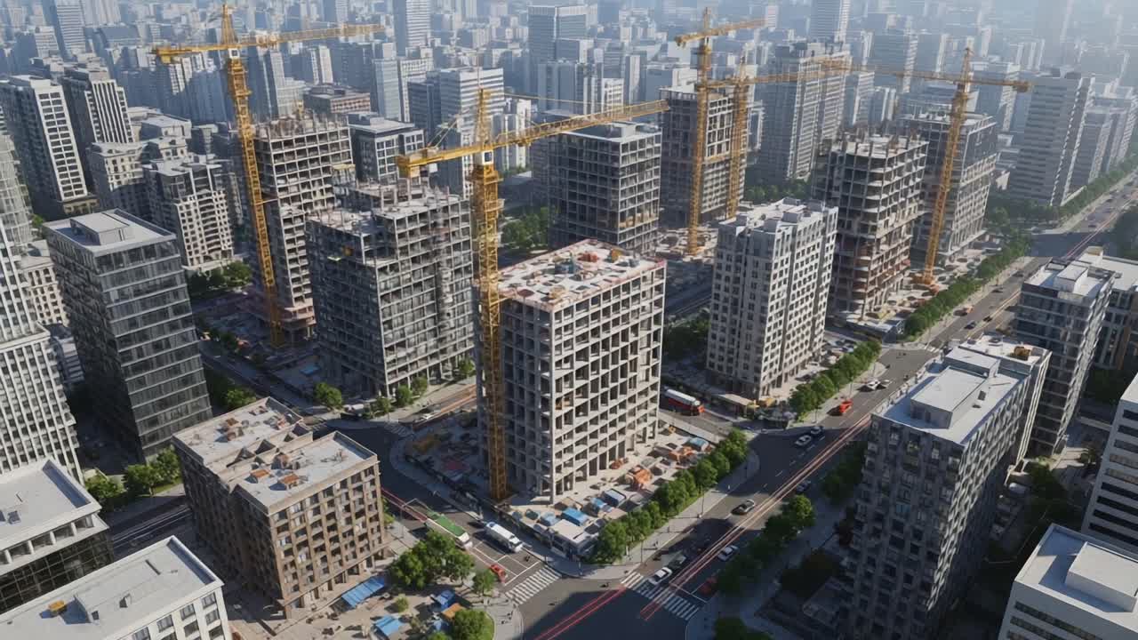 Aerial View of a Dynamic Urban Development Site Featuring Modern High-Rise Buildings Under Construction with Cranes Overlooking a Bustling City Landscape