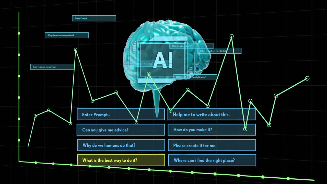 검은색 배경 위에서 문자, 뇌 및 디지털 데이터 처리의 애니메이션