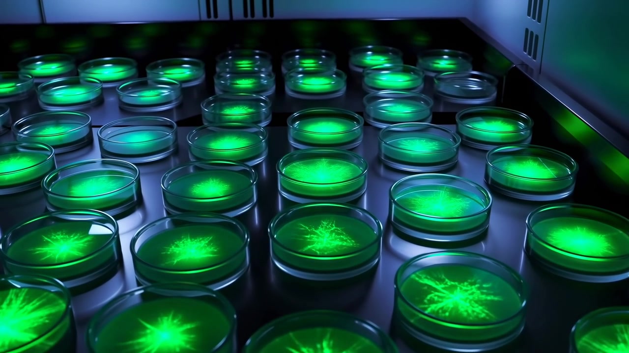 Rows of transparent petri dishes with green illuminated spots sit inside a dark laboratory incubator, seen from a slight top angle with reflective glass