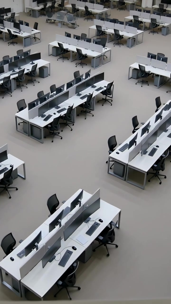 Vertical video: Panning camera revealing open-plan desks to show upper-right rows with monitors