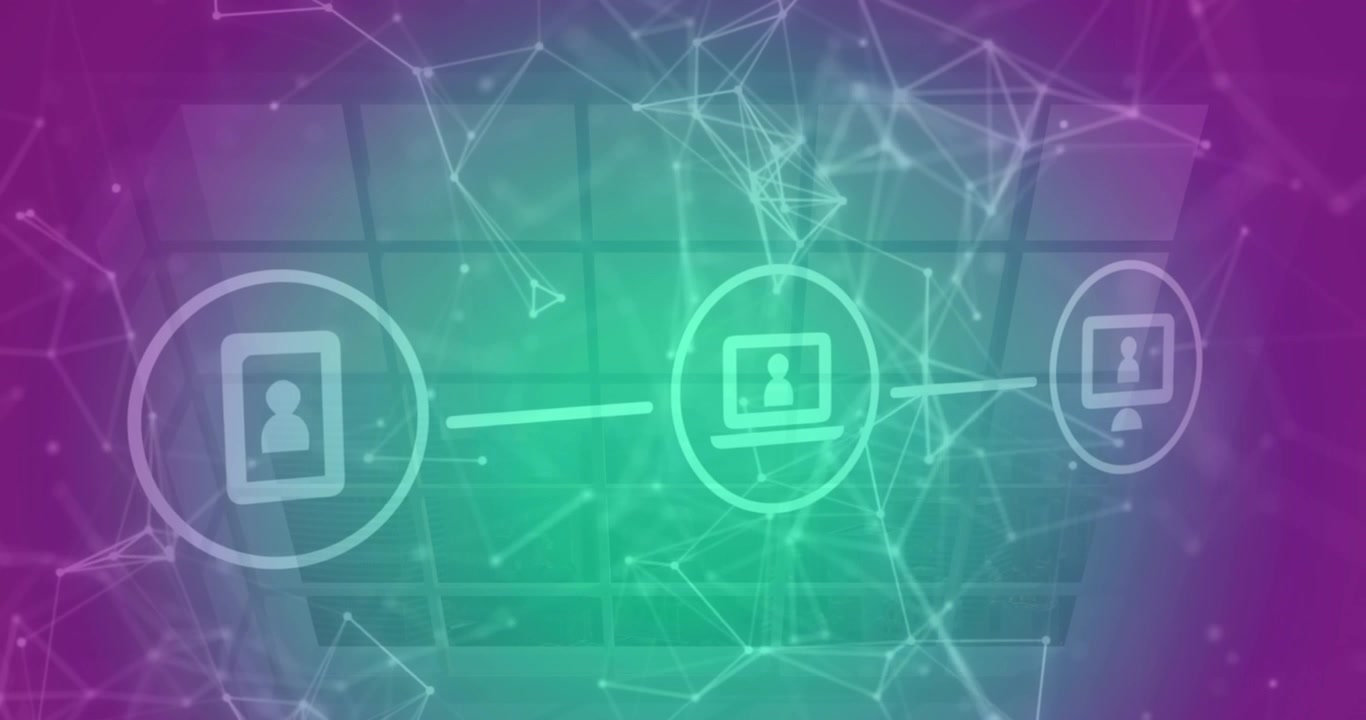Animación de un diagrama de flujo de un icono y puntos conectados sobre una ventana de cristal.