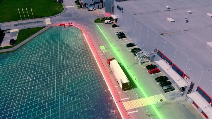 navegação autônoma de camiões num estacionamento de fábrica
