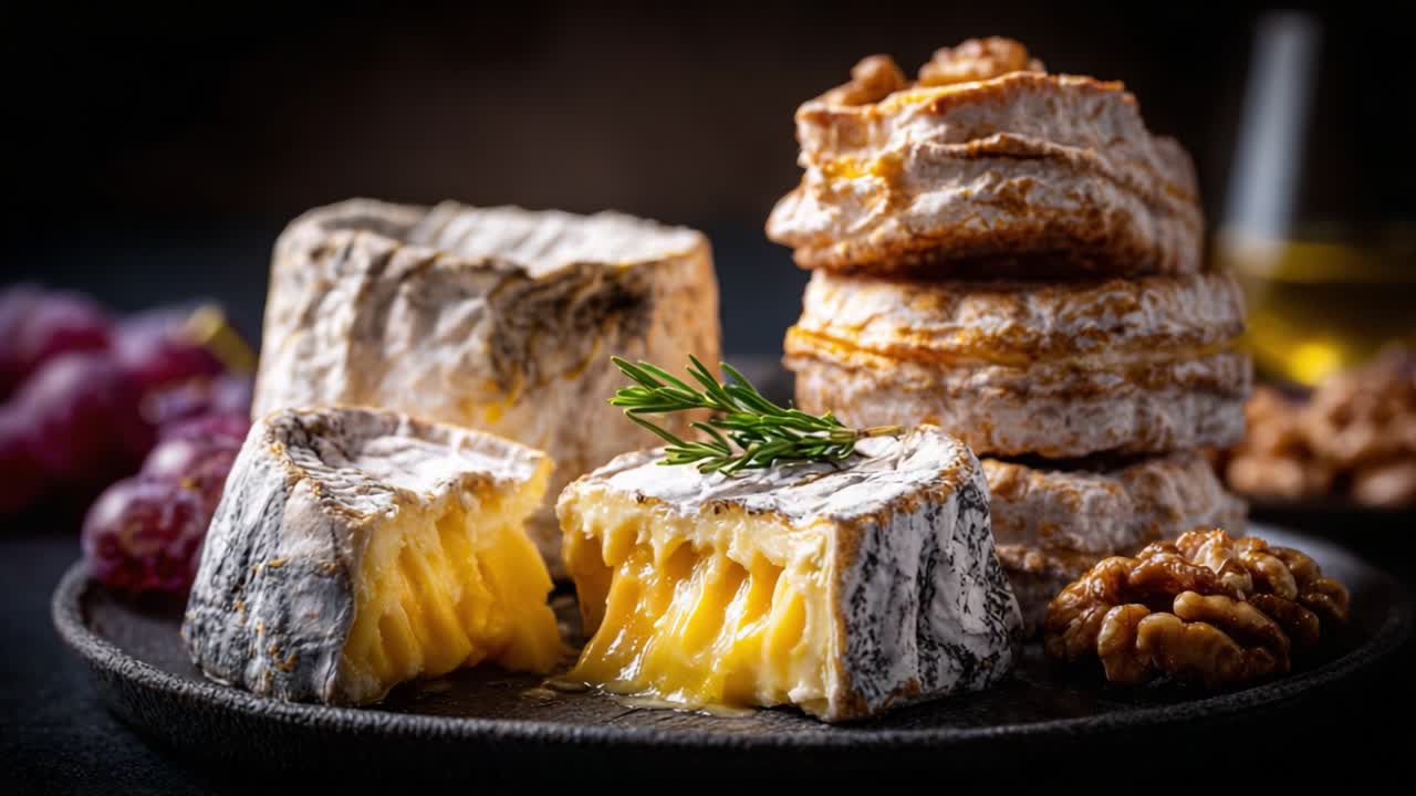 A Rustic Cheese Platter Showcasing Delicious Soft Cheeses, Accompanied by Walnuts and Grapes for a Perfect Gourmet Experience