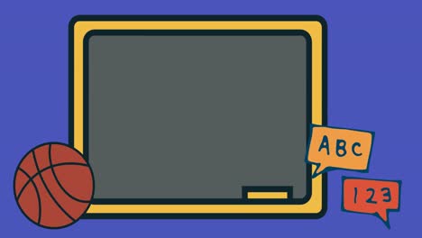 Animation-of-blackboard-and-basketball-on-blue-background