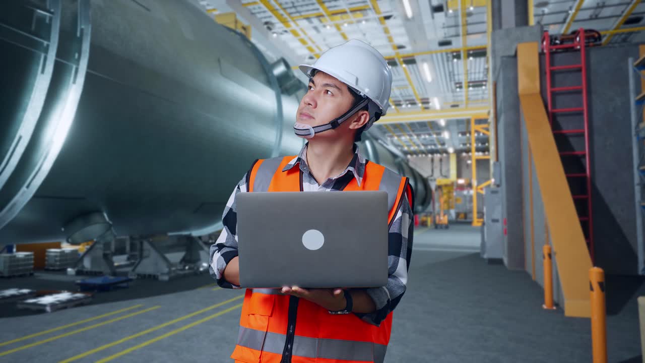 ingeniero masculino asiático con casco de seguridad mirando una computadora portátil y mirando a su alrededor mientras está de pie en una fábrica de fabricación de tubos