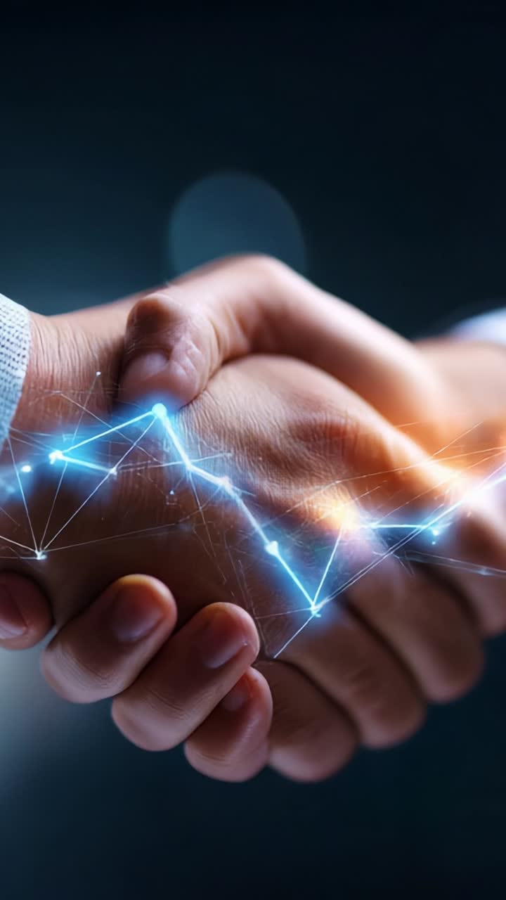 A Digital Agreement of Trust: Two Hands Shaking in a Futuristic Business Environment with a Graph Overlaid, Symbolizing Partnership and Progress Together