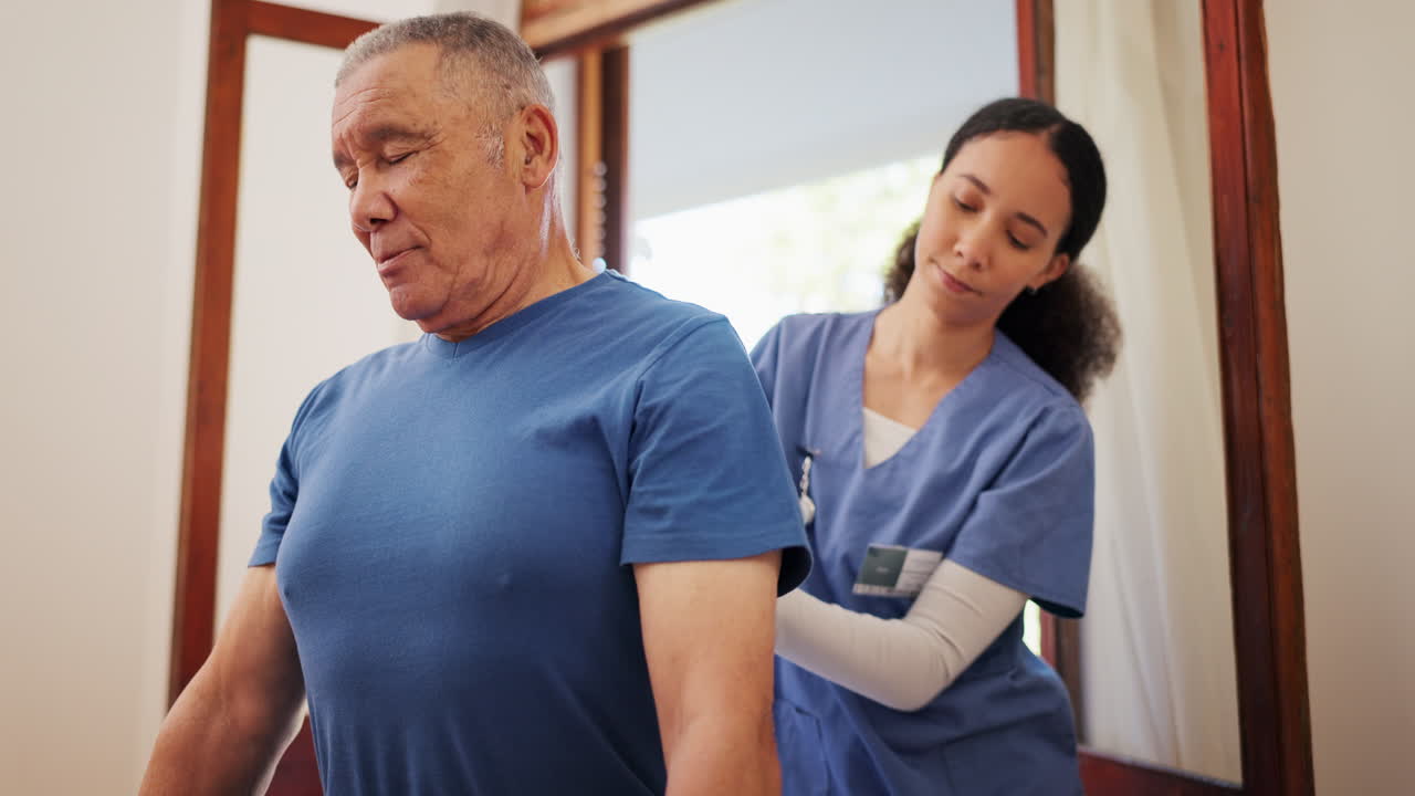 Healthcare, old man and physiotherapist with back