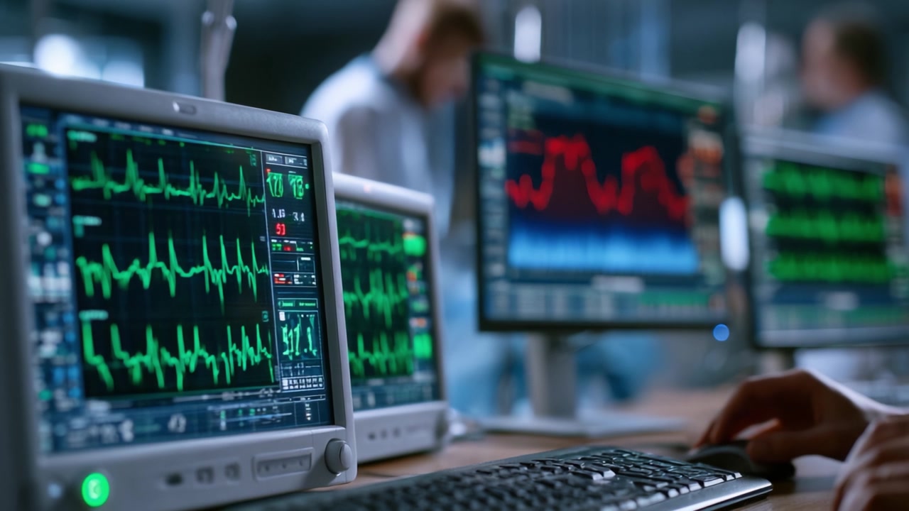 Monitoraggio della salute del paziente: display avanzati dei segni vitali in un ambiente medico con letture di frequenza cardiaca ed ECG analizzate da professionisti medici