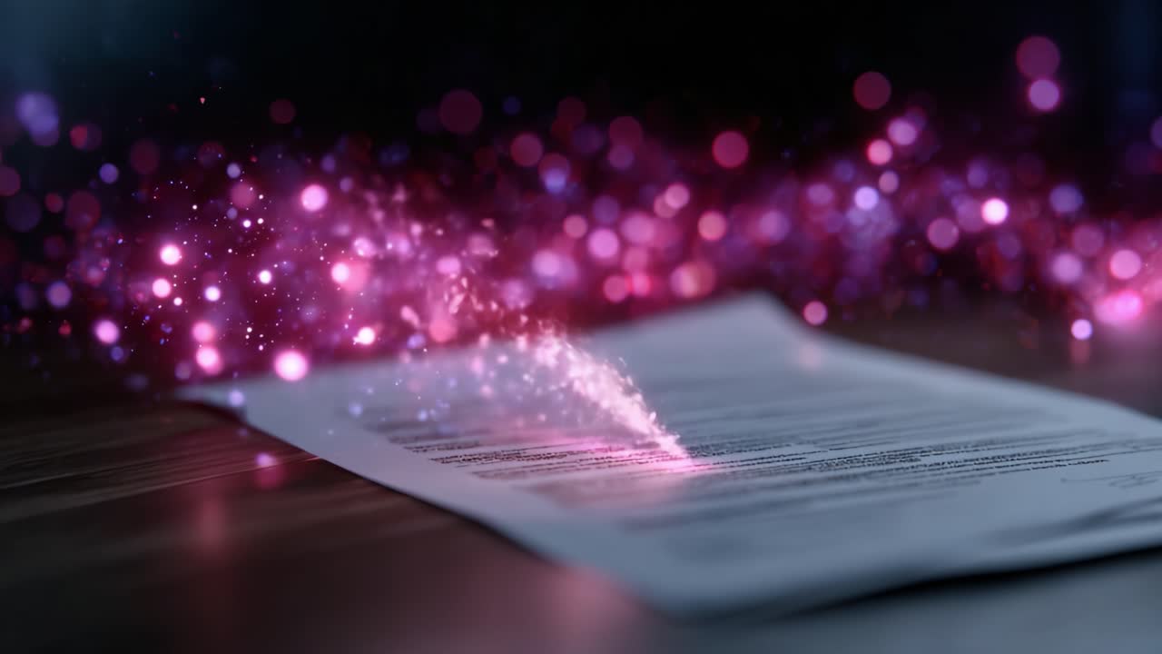 Una trasformazione affascinante avviene su un documento mentre incantevoli particelle turbinano intorno ad esso, creando un'atmosfera mistica piena di brillantezza e fascino
