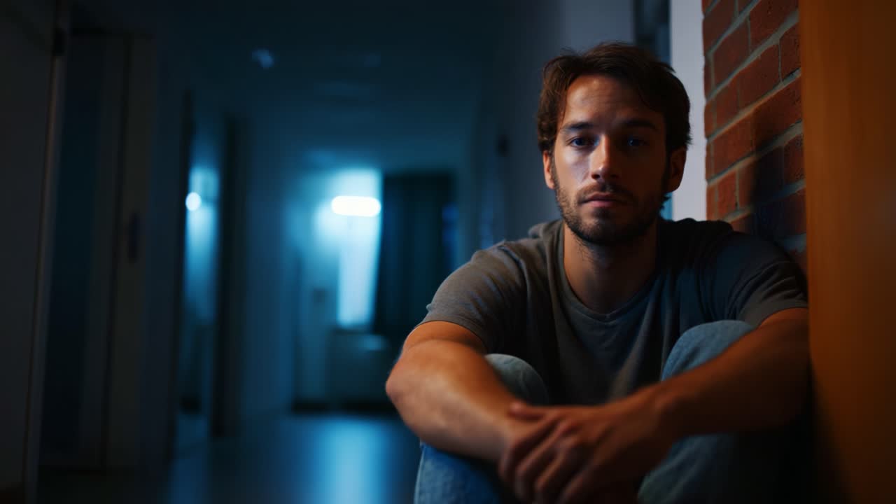A young man sitting in a dimly lit hallway reflecting on his thoughts and emotions, highlighting a sense of solitude and introspection in a quiet environment