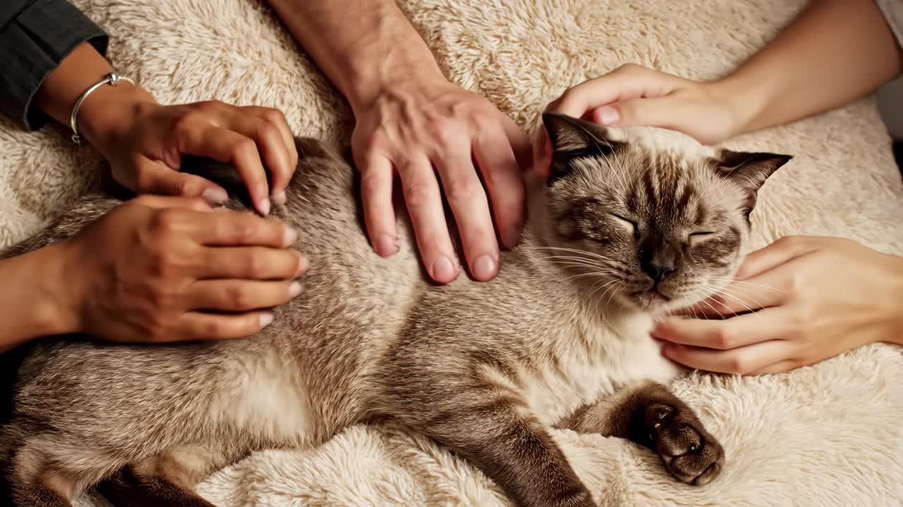Cat being petted by multiple people