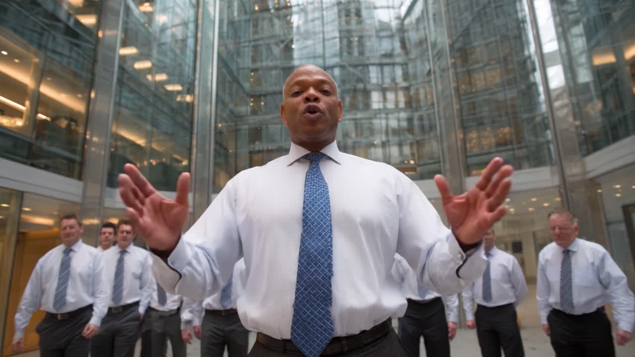A dynamic leader delivers an inspiring message amidst a group of well-dressed professionals in a modern, glass-walled environment, showcasing teamwork and enthusiasm