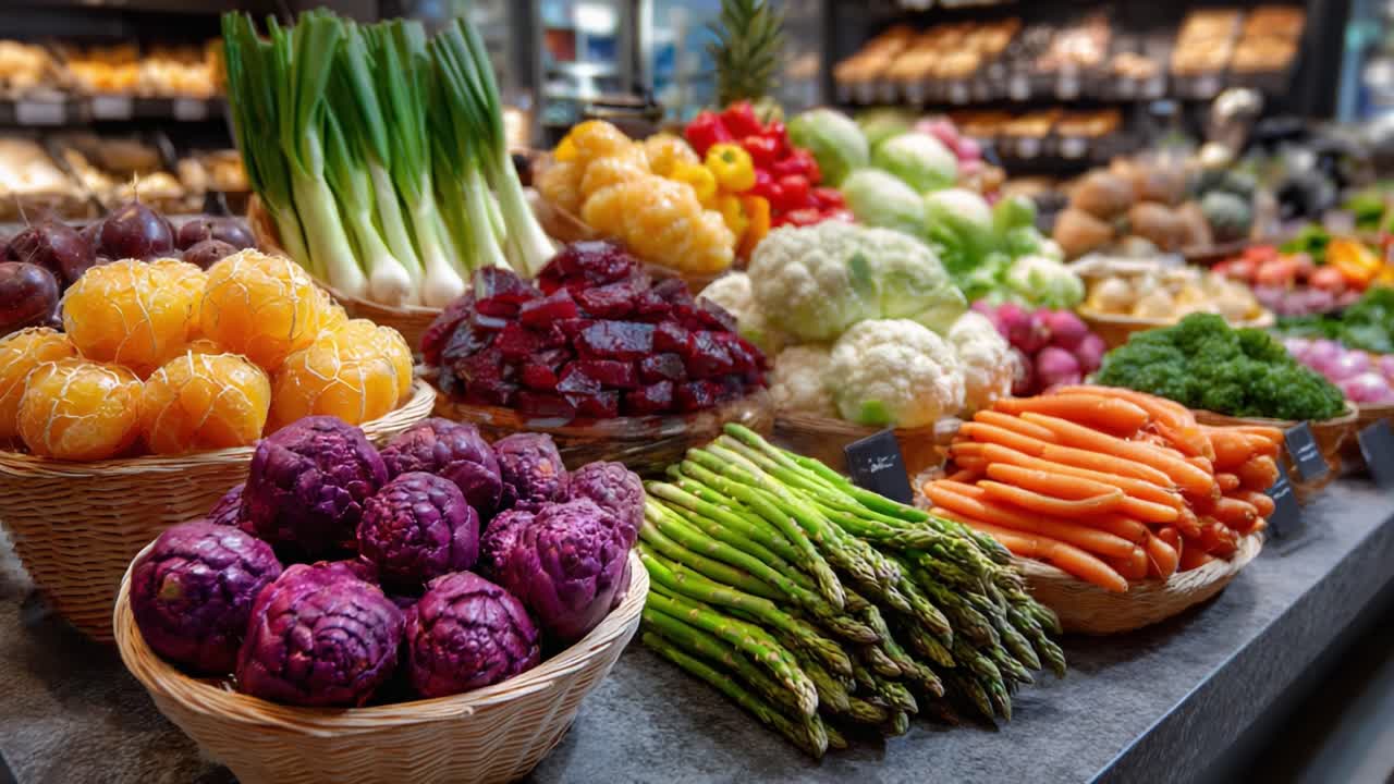 A Colorful Display of Fresh Fruits and Vegetables in a Market Setting, Showcasing a Bountiful Selection of Organic Produce, Ready for Purchase and Enjoyment