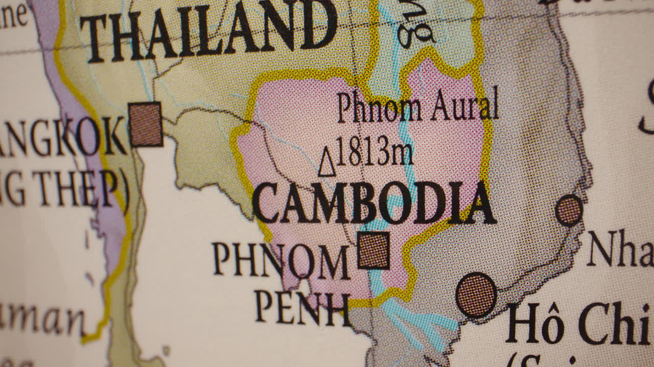 Close-up view of a map showing Thailand, Cambodia, and Vietnam