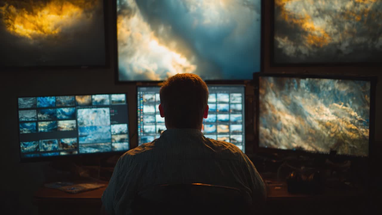 A Visual Journey Through Digital Landscapes: An Individual Engaged in Data Analysis and Creative Exploration Surrounded by Multiple Monitors Displaying Stunning Imagery