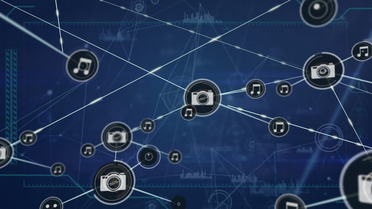 animación de la red de iconos digitales y procesamiento de datos contra un fondo azul