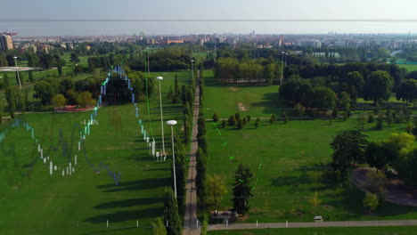 central walkway being animated in flat design, featuring poplar trees, modern lampposts, playground